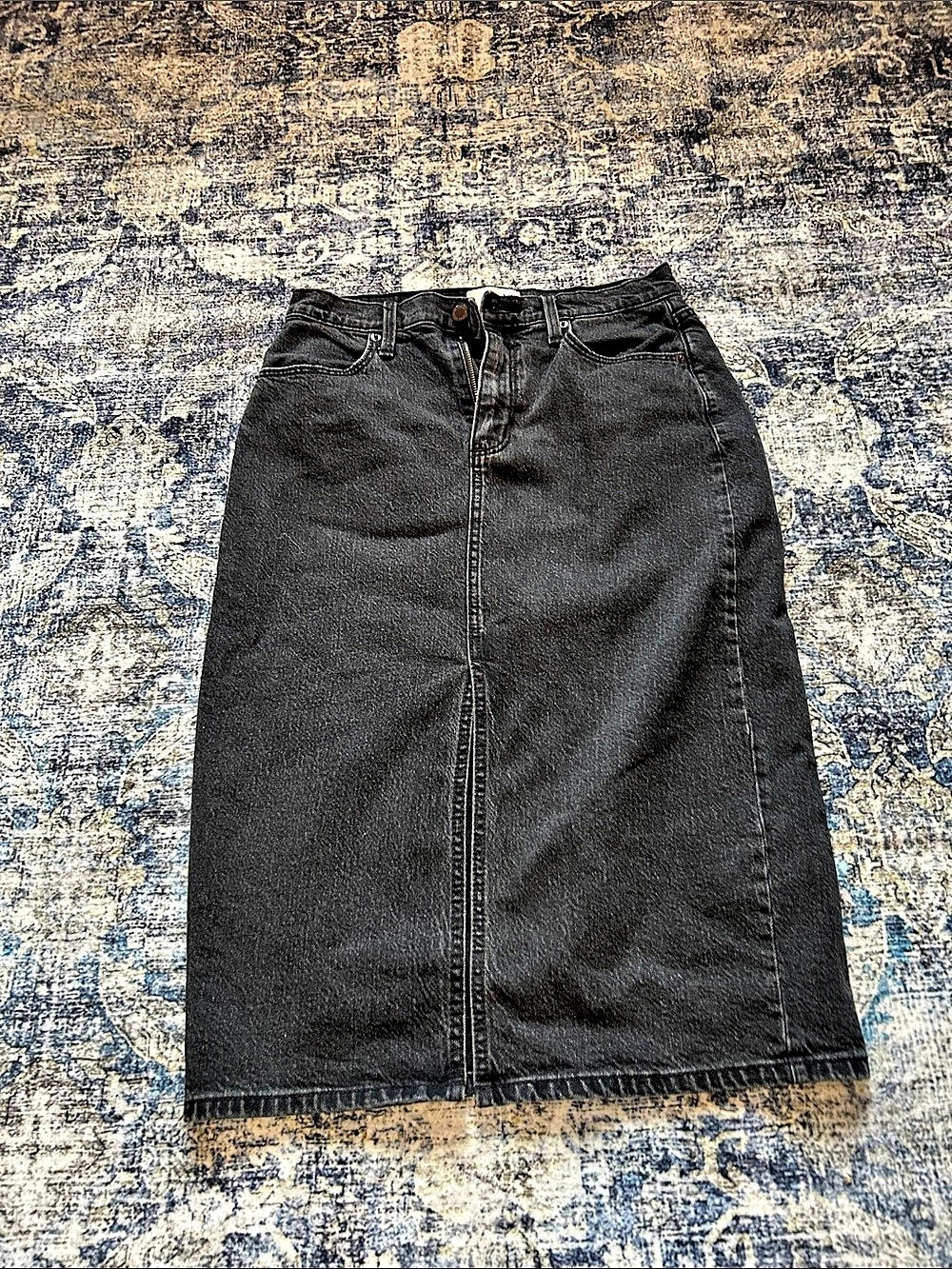 Universal Thread Black Denim Midi Skirt Front Slit Like New